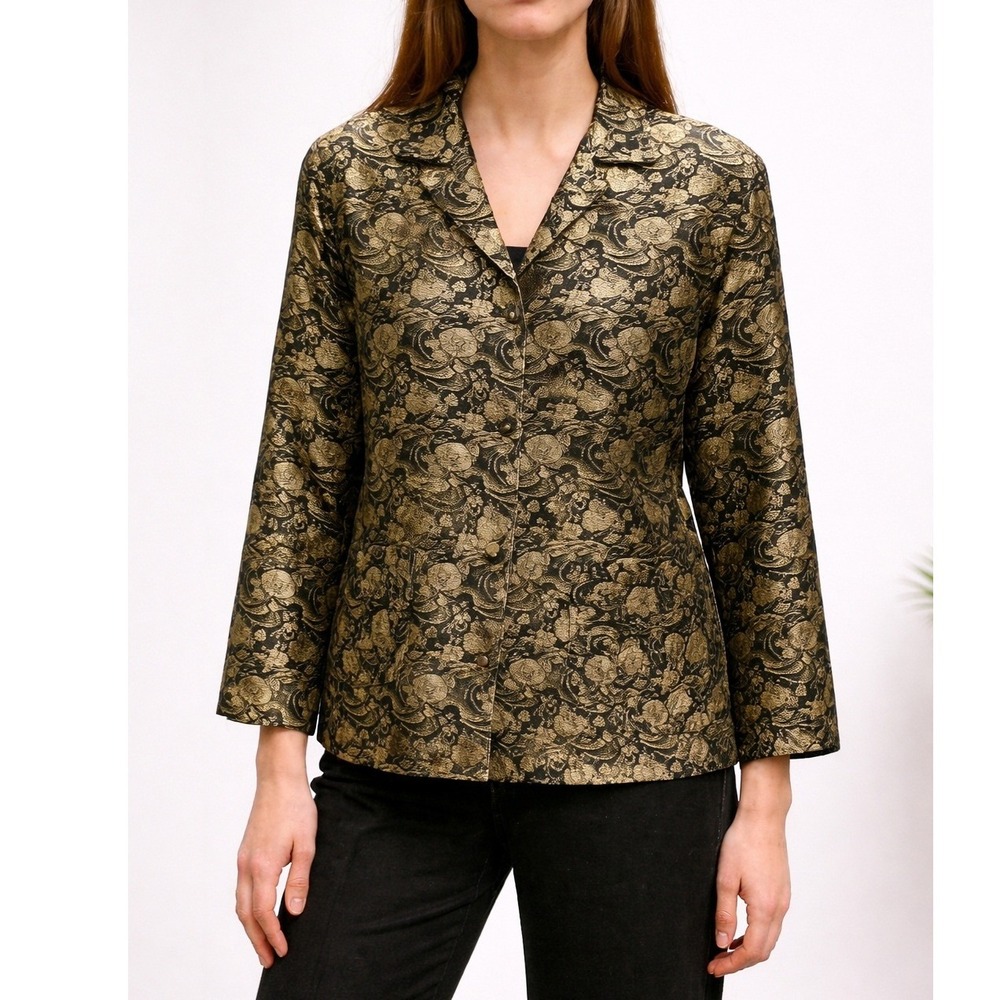 Chicos Black Gold Floral Brocade Jacquard Silk Metallic Button Up Shirt SZ XL
